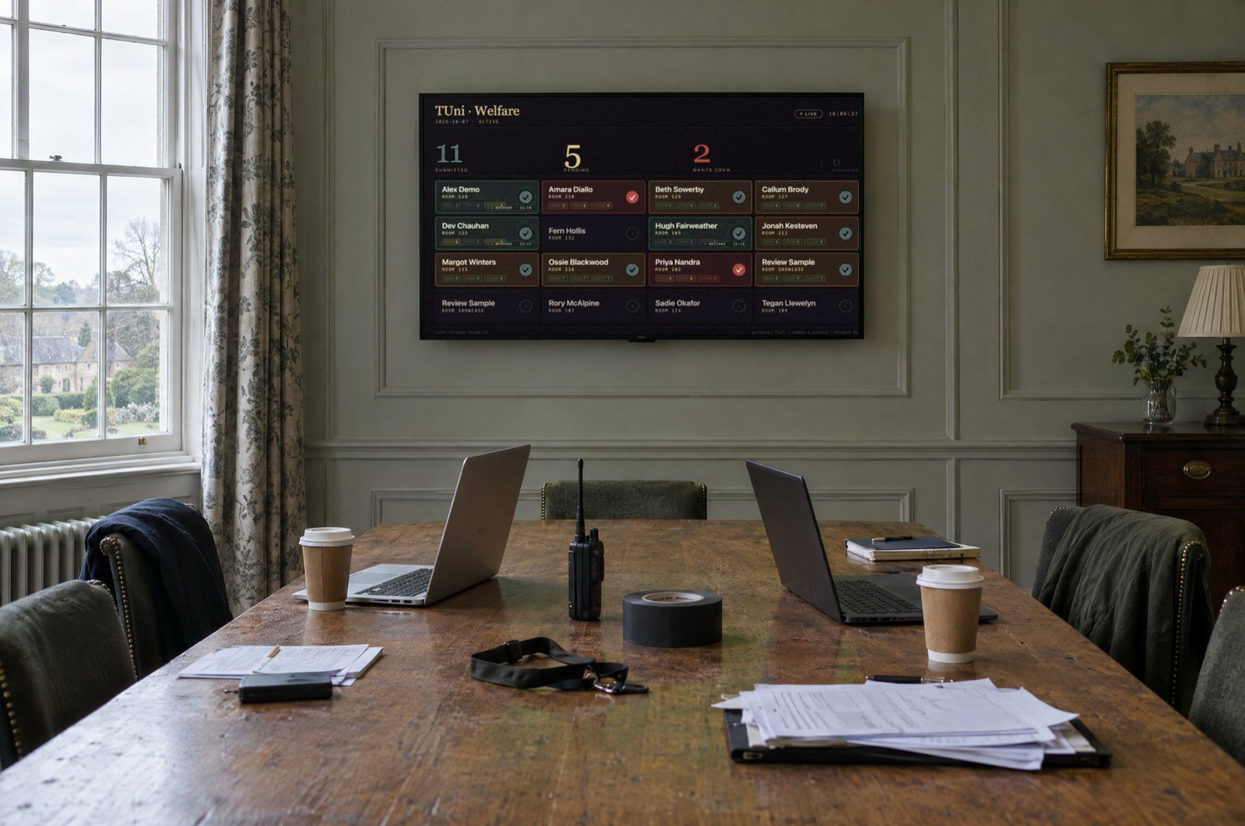 The crew dashboard on a TV in a hotel meeting room used as the production office