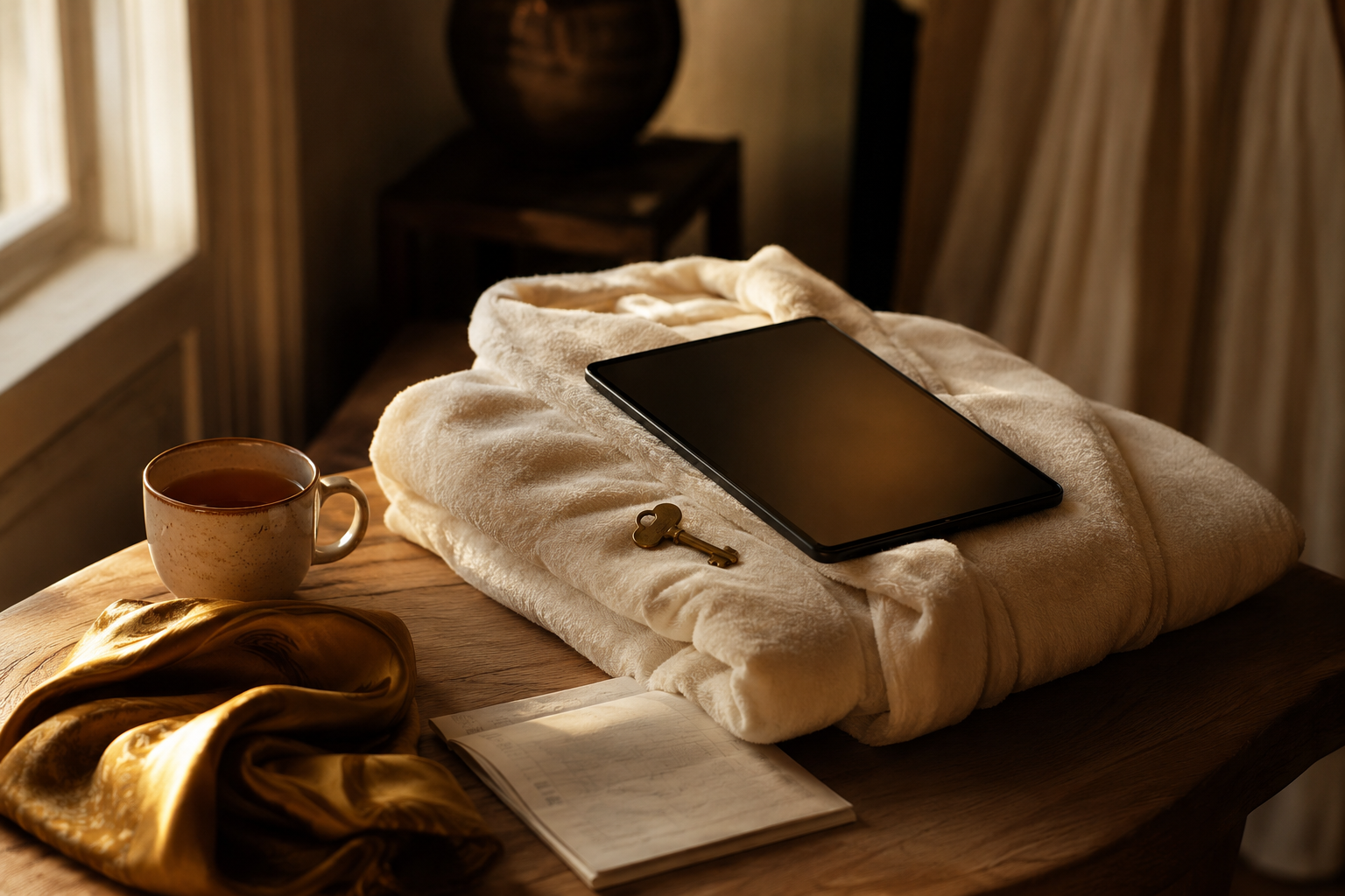 A contestant iPad resting on a folded robe in a quiet dressing room